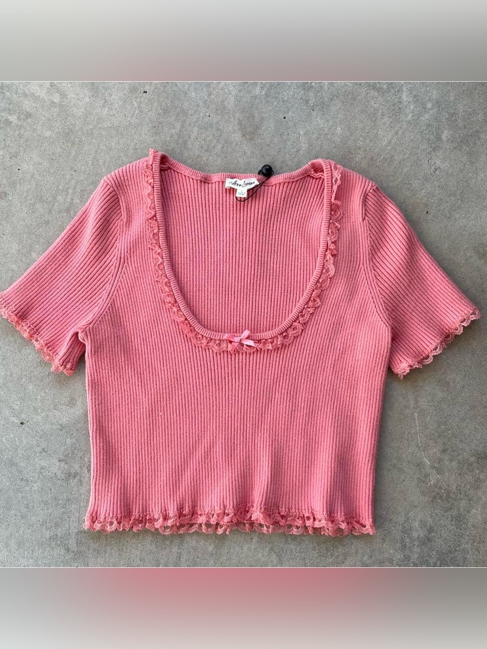 Ribbed knit Rose-Pink Scoop Lace-Trim Crop Top